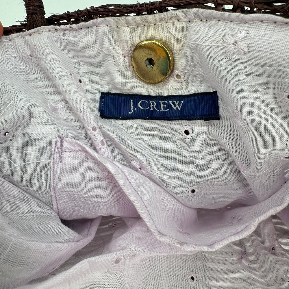 Vintage 90s J.Crew Straw Tote Bag Brown Pink Eyelet Interior Raffia Coastal Boho - Picture 7 of 11